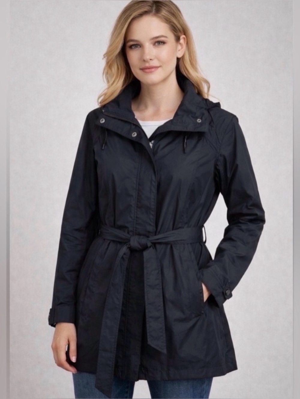 Columbia Omni Black Hooded Trench Coat with Tie Waist Size XL